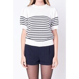 ENGLISH FACTORY Striped Short Puff Sleeve Sweater Buttons Navy Coastal S Preppy
